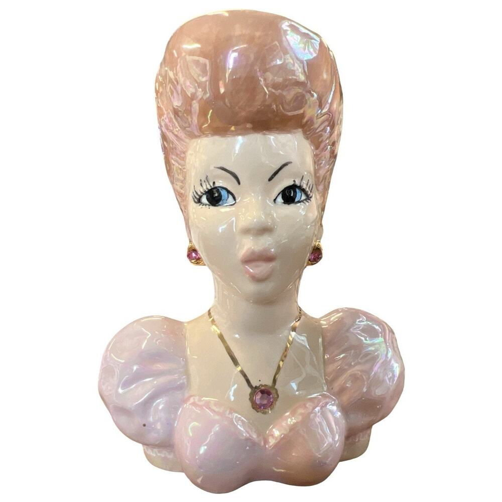 Vintage Jewels 5.5" Lady Head Vase Pink Lusterware Rhinestone Jewelry MCM Japan